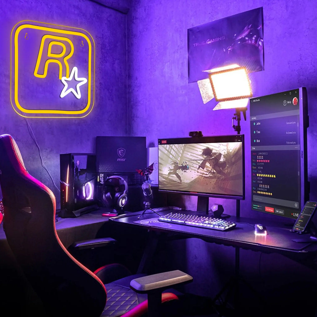 R Star Neon Sign, USB Powered Neon Sign, LED Neon Lights, Novelty Lighting for Game Room, Entertainment Room, Bar, Party Home Decor Wall Art Decoration, Ambient Night Lights