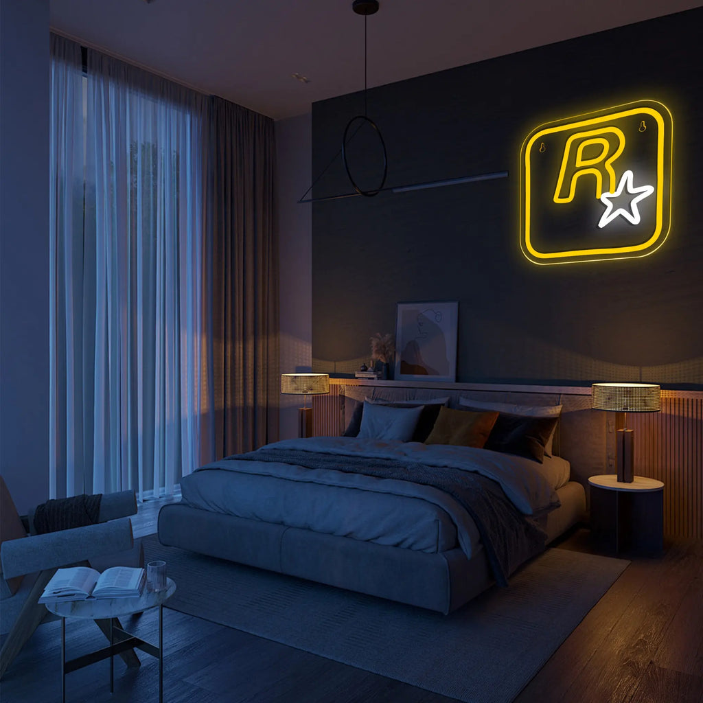 R Star Neon Sign, USB Powered Neon Sign, LED Neon Lights, Novelty Lighting for Game Room, Entertainment Room, Bar, Party Home Decor Wall Art Decoration, Ambient Night Lights