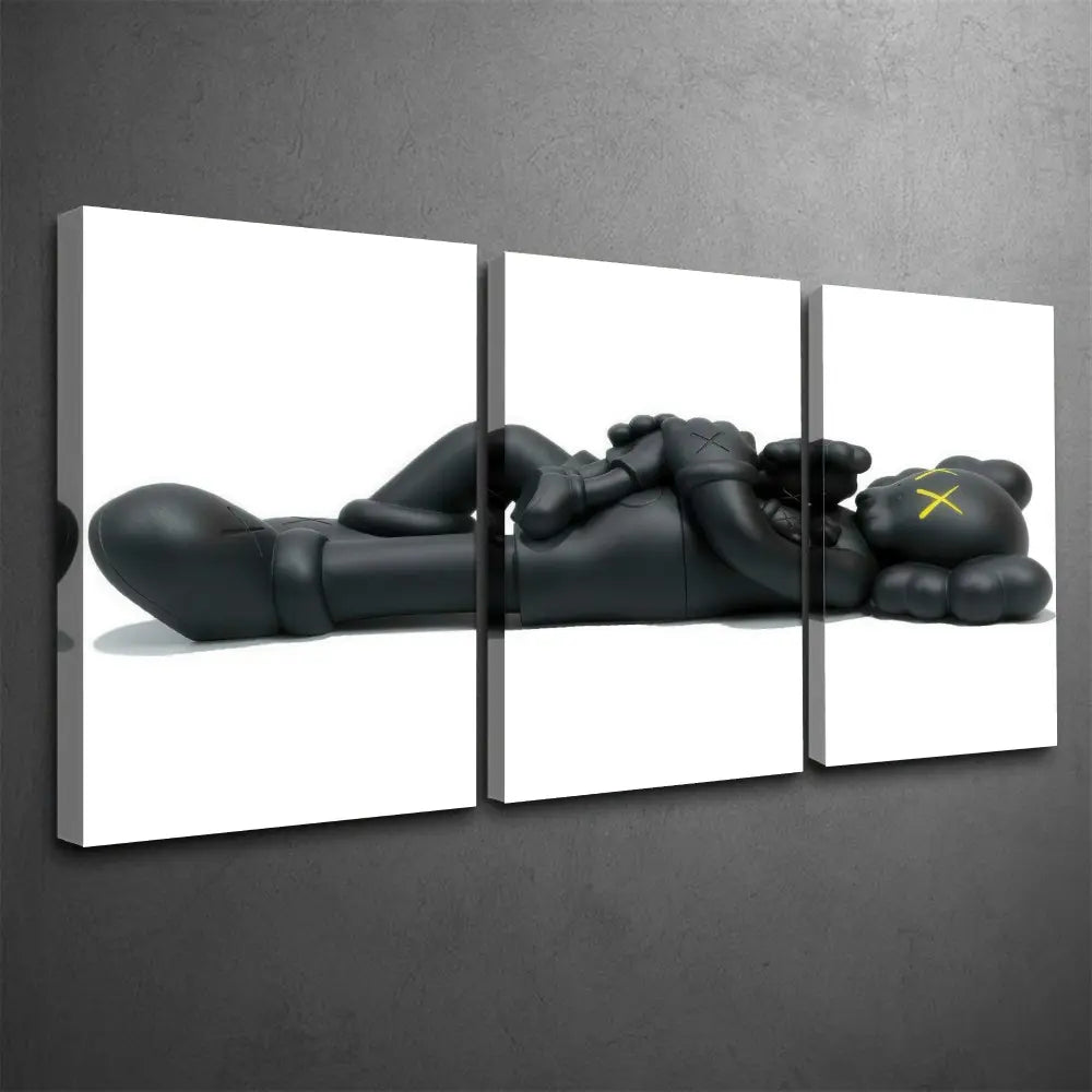3pc-Modern Wall Art Painting, KAWS Companion Lying Down Triptych Poster, Street Pop Art Printing, Black Yellow Tone Canvas Decoration, Living Room & Game Room Aesthetic, Artistic, Perfect Gift For KAWS Fans, Framed.