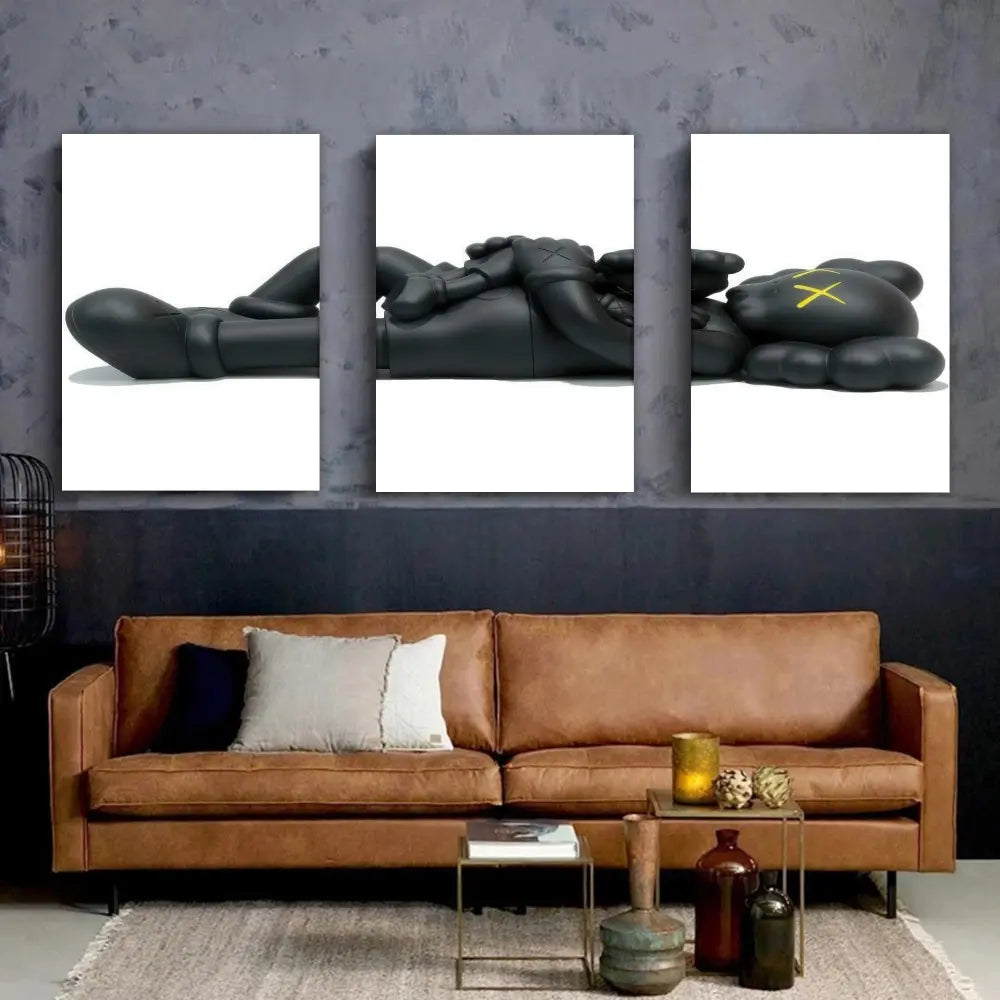 3pc-Modern Wall Art Painting, KAWS Companion Lying Down Triptych Poster, Street Pop Art Printing, Black Yellow Tone Canvas Decoration, Living Room & Game Room Aesthetic, Artistic, Perfect Gift For KAWS Fans, Framed.