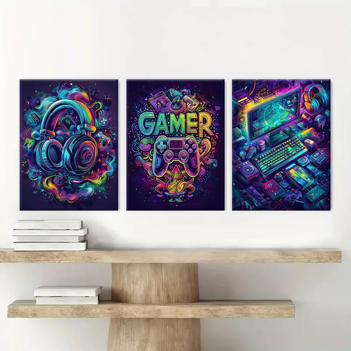3 count wooden frame canvas, Neon game console poster, esports room Decoration, Stylish Room Bedroom poster, Modern Art Home Decoration, Living Room and corridor wall Decoration, HD, waterproof, Art