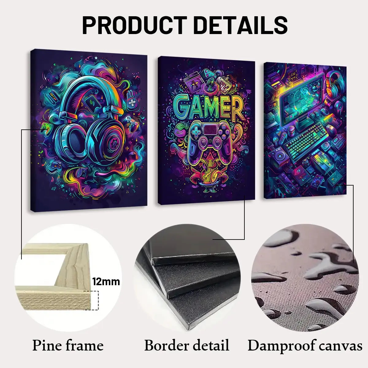 3 count wooden frame canvas, Neon game console poster, esports room Decoration, Stylish Room Bedroom poster, Modern Art Home Decoration, Living Room and corridor wall Decoration, HD, waterproof, Art