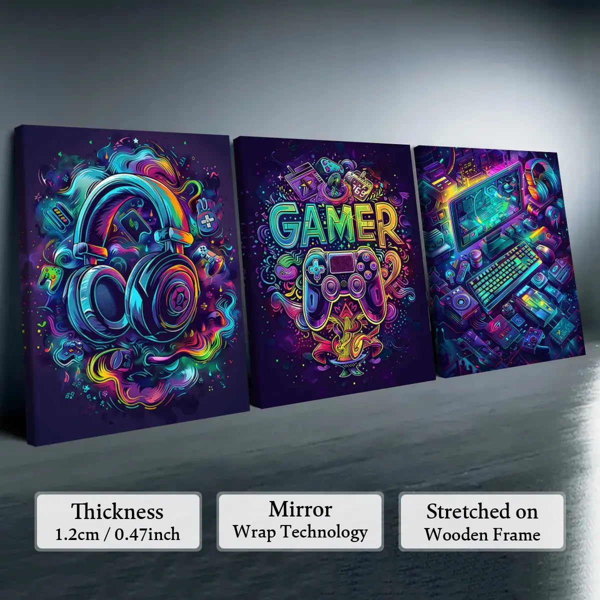 3 count wooden frame canvas, Neon game console poster, esports room Decoration, Stylish Room Bedroom poster, Modern Art Home Decoration, Living Room and corridor wall Decoration, HD, waterproof, Art