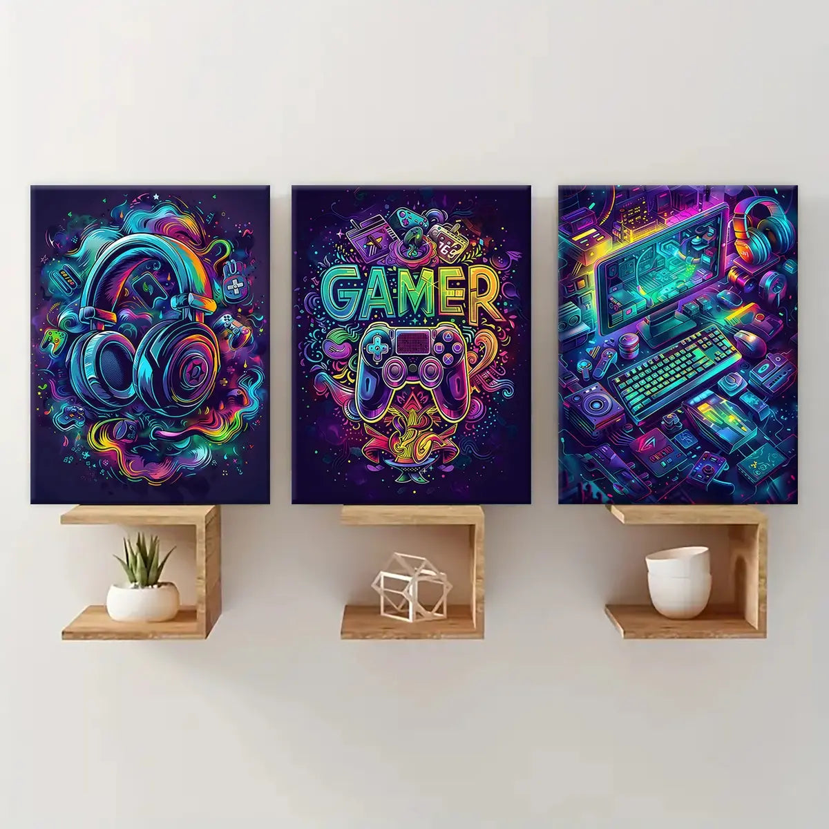 3 count wooden frame canvas, Neon game console poster, esports room Decoration, Stylish Room Bedroom poster, Modern Art Home Decoration, Living Room and corridor wall Decoration, HD, waterproof, Art
