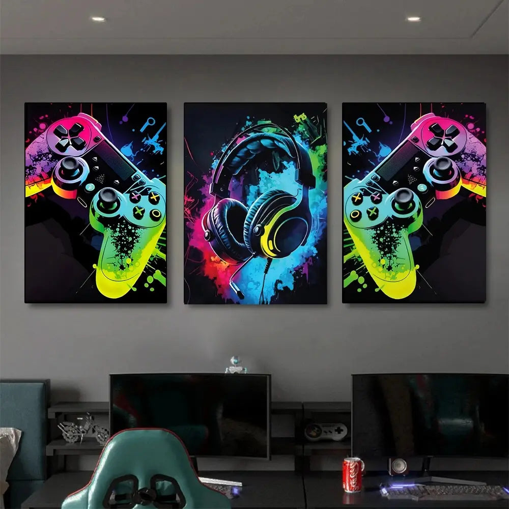 3pc 2D Flat Canvas Poster, Gamer's Dream Canvas Art Set - Colorful Headphone & Game Controller Prints, Frameless Wall Decor, Unframed Wall Art, Vintage Posters Home Decor