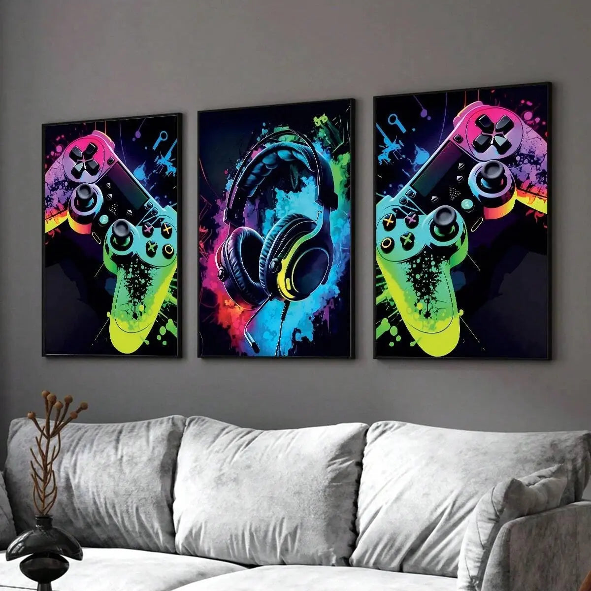 3pc 2D Flat Canvas Poster, Gamer's Dream Canvas Art Set - Colorful Headphone & Game Controller Prints, Frameless Wall Decor, Unframed Wall Art, Vintage Posters Home Decor