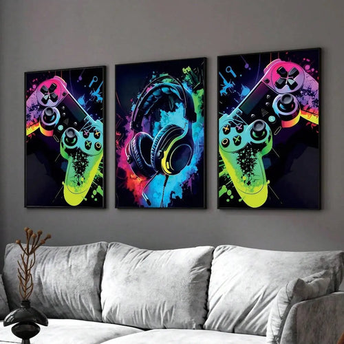 3pc 2D Flat Canvas Poster, Gamer's Dream Canvas Art Set - Colorful Headphone & Game Controller Prints, Frameless Wall Decor, Unframed Wall Art, Vintage Posters Home Decor