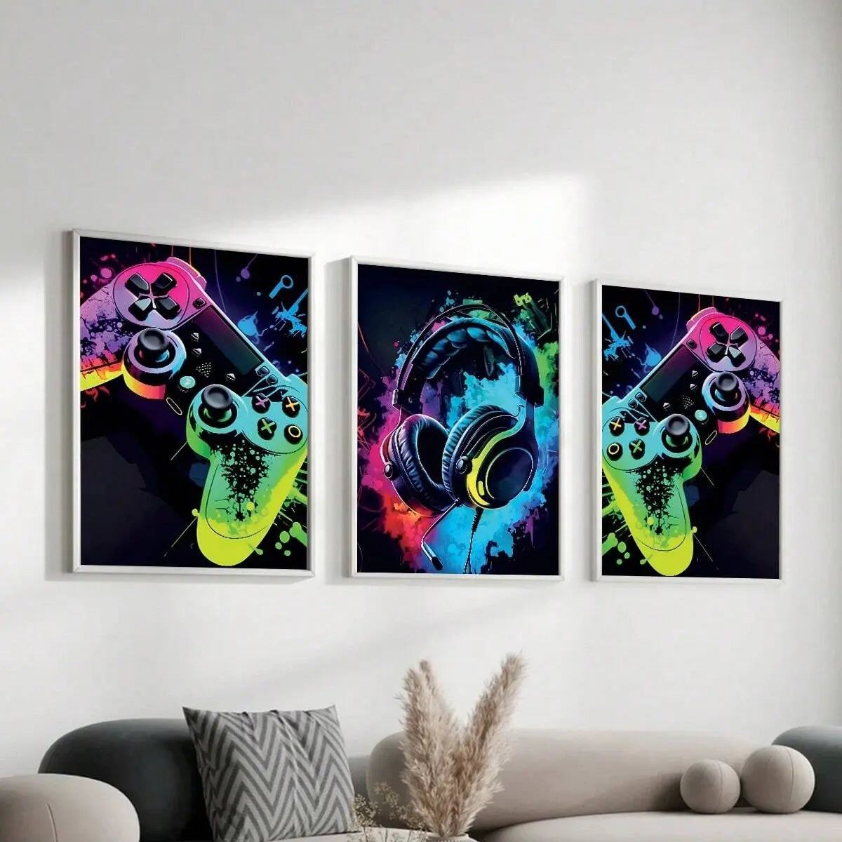 3pc 2D Flat Canvas Poster, Gamer's Dream Canvas Art Set - Colorful Headphone & Game Controller Prints, Frameless Wall Decor, Unframed Wall Art, Vintage Posters Home Decor