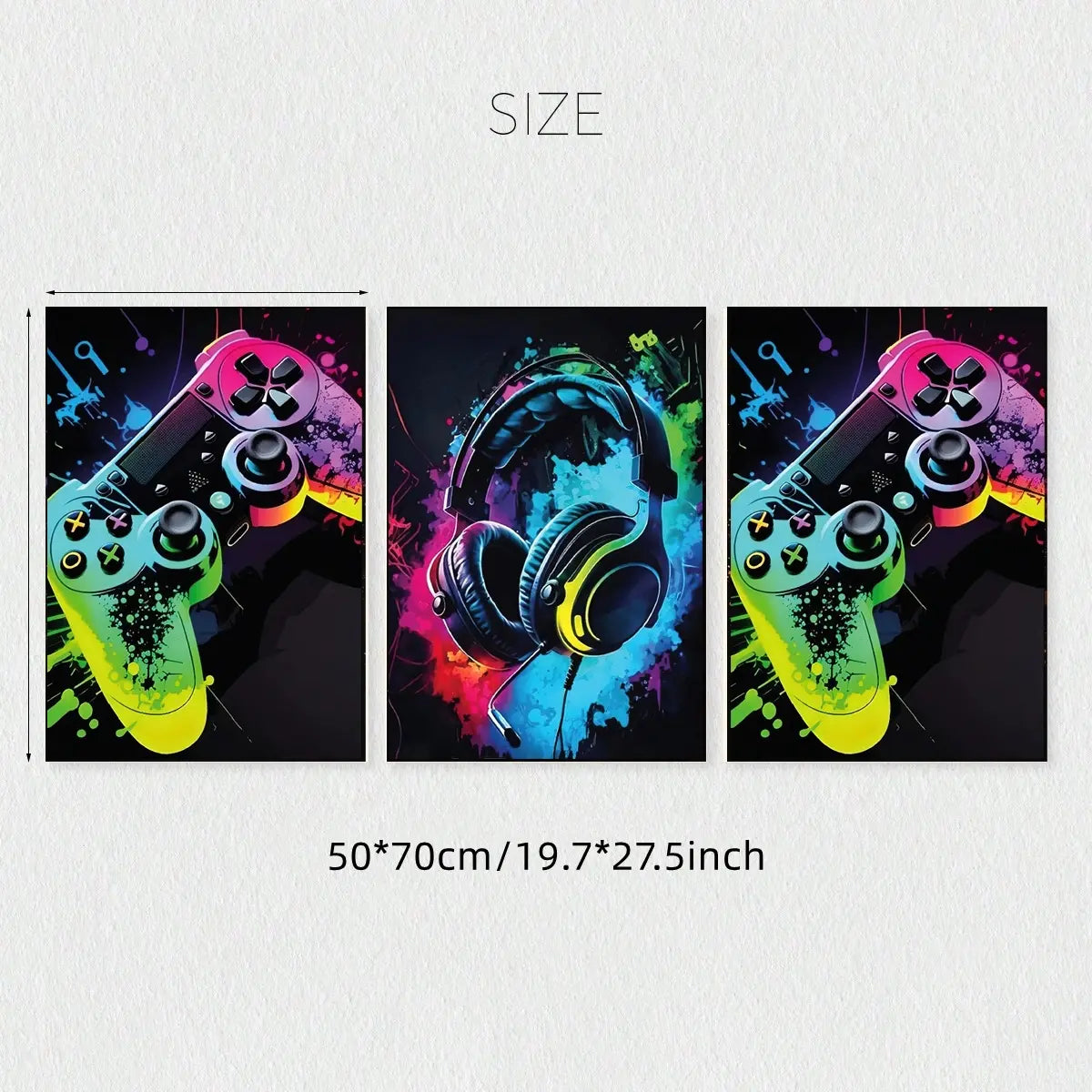 3pc 2D Flat Canvas Poster, Gamer's Dream Canvas Art Set - Colorful Headphone & Game Controller Prints, Frameless Wall Decor, Unframed Wall Art, Vintage Posters Home Decor