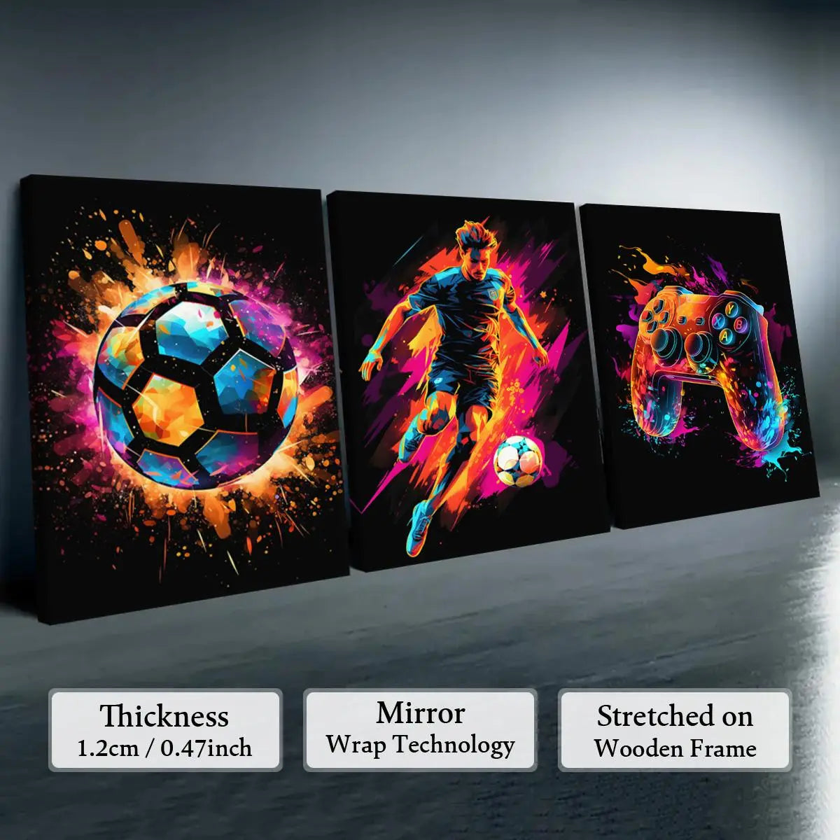 Neon Game & Football Themed Canvas Painting with Frame, Artistic 3 Counts/set Modern Cool Design Art Wall Decor, Wall Art Decor for Home Living Room Bedroom Office, Hanging Wall Art, Canvas Prints, Modern Home Decoration