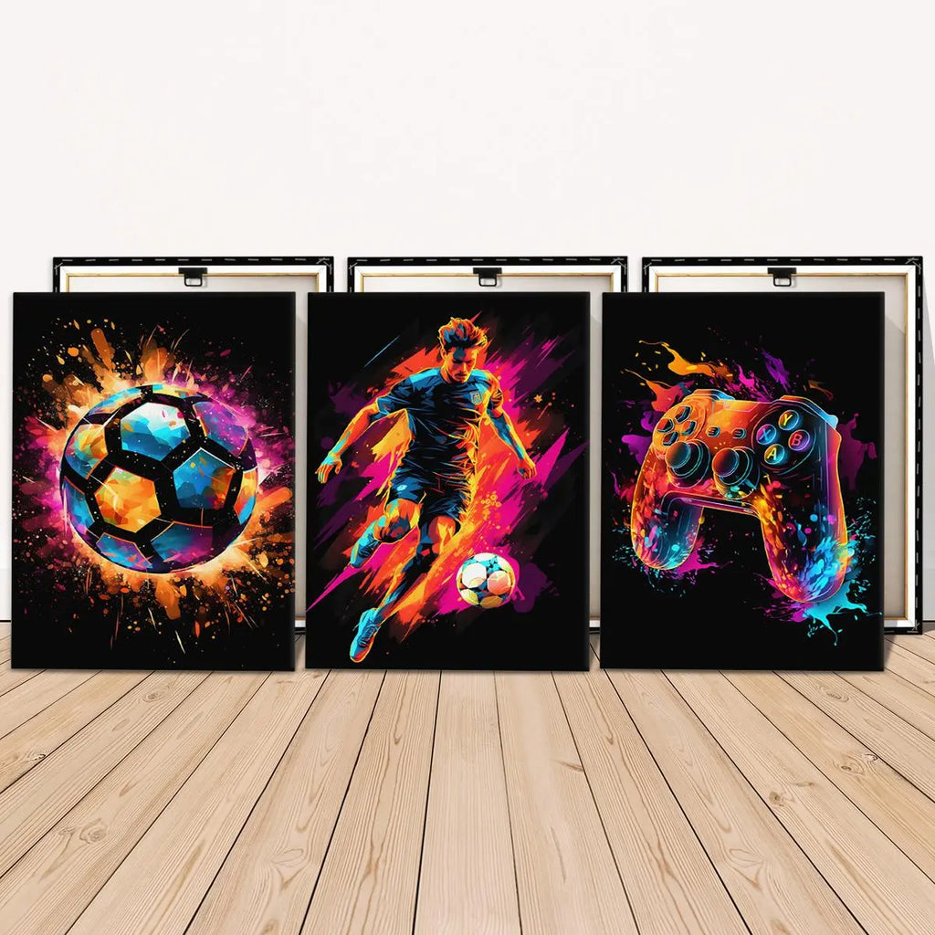Neon Game & Football Themed Canvas Painting with Frame, Artistic 3 Counts/set Modern Cool Design Art Wall Decor, Wall Art Decor for Home Living Room Bedroom Office, Hanging Wall Art, Canvas Prints, Modern Home Decoration