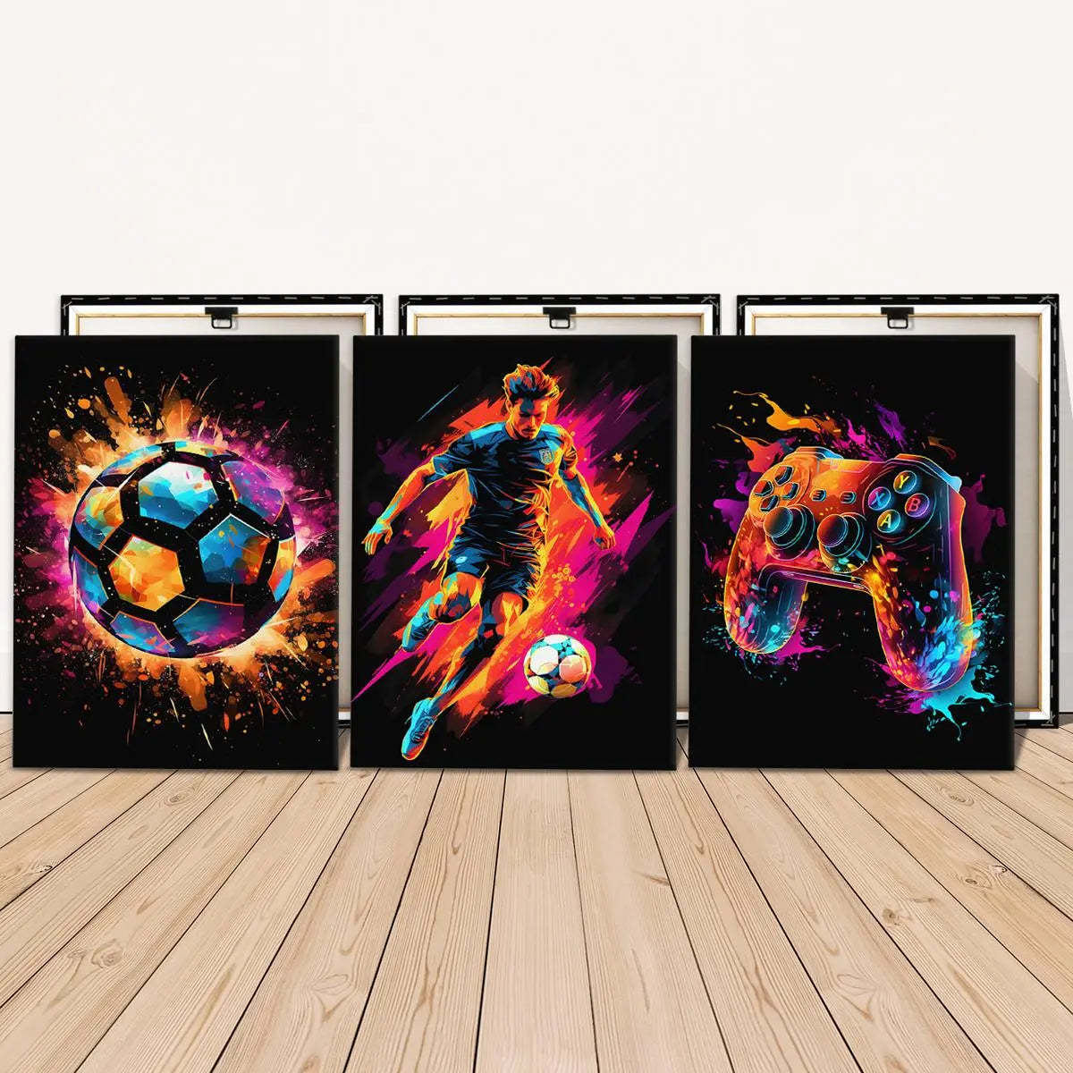 Neon Game & Football Themed Canvas Painting with Frame, Artistic 3 Counts/set Modern Cool Design Art Wall Decor, Wall Art Decor for Home Living Room Bedroom Office, Hanging Wall Art, Canvas Prints, Modern Home Decoration
