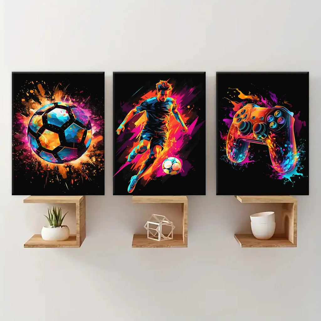 Neon Game & Football Themed Canvas Painting with Frame, Artistic 3 Counts/set Modern Cool Design Art Wall Decor, Wall Art Decor for Home Living Room Bedroom Office, Hanging Wall Art, Canvas Prints, Modern Home Decoration