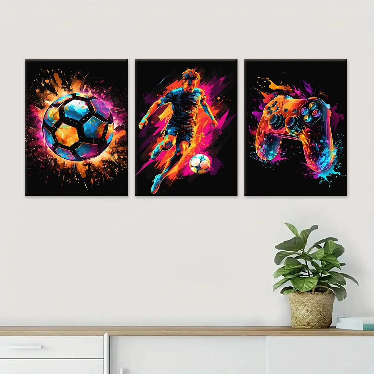 Neon Game & Football Themed Canvas Painting with Frame, Artistic 3 Counts/set Modern Cool Design Art Wall Decor, Wall Art Decor for Home Living Room Bedroom Office, Hanging Wall Art, Canvas Prints, Modern Home Decoration