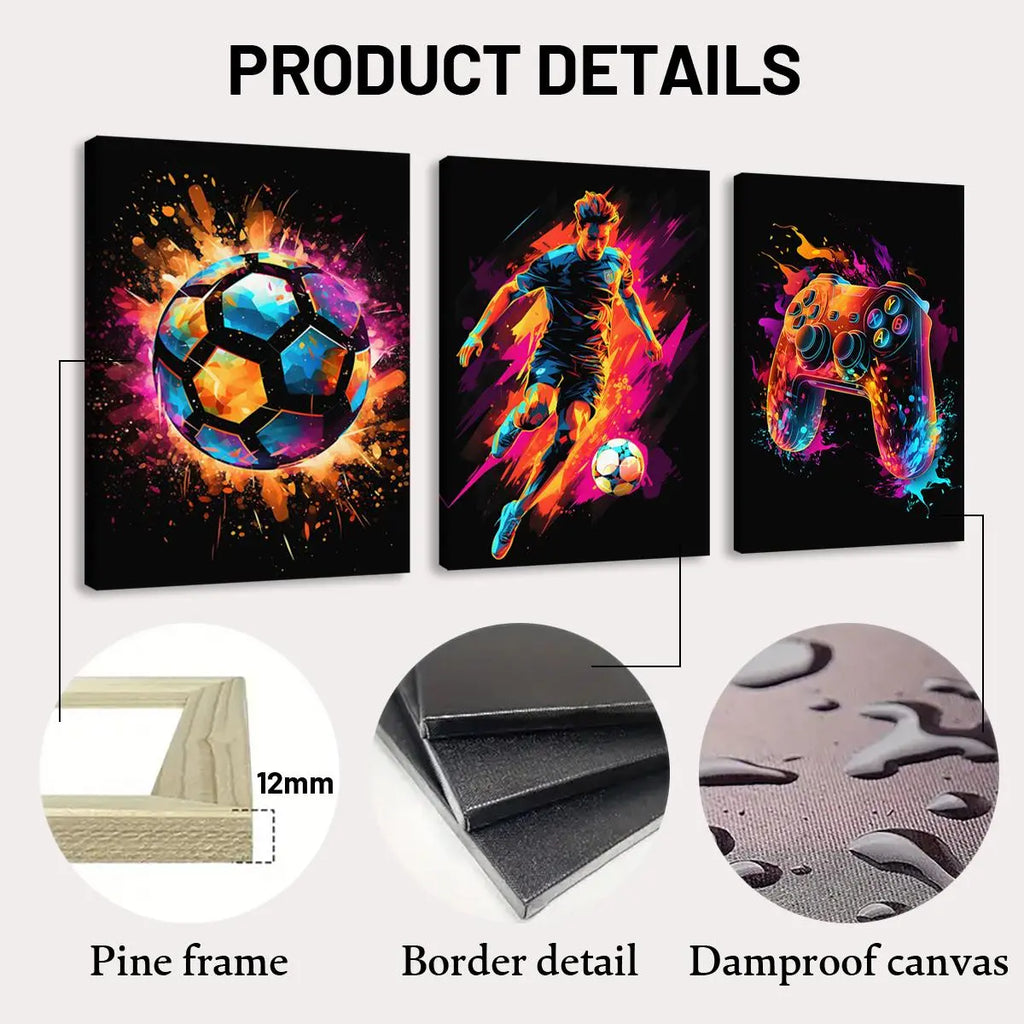 Neon Game & Football Themed Canvas Painting with Frame, Artistic 3 Counts/set Modern Cool Design Art Wall Decor, Wall Art Decor for Home Living Room Bedroom Office, Hanging Wall Art, Canvas Prints, Modern Home Decoration