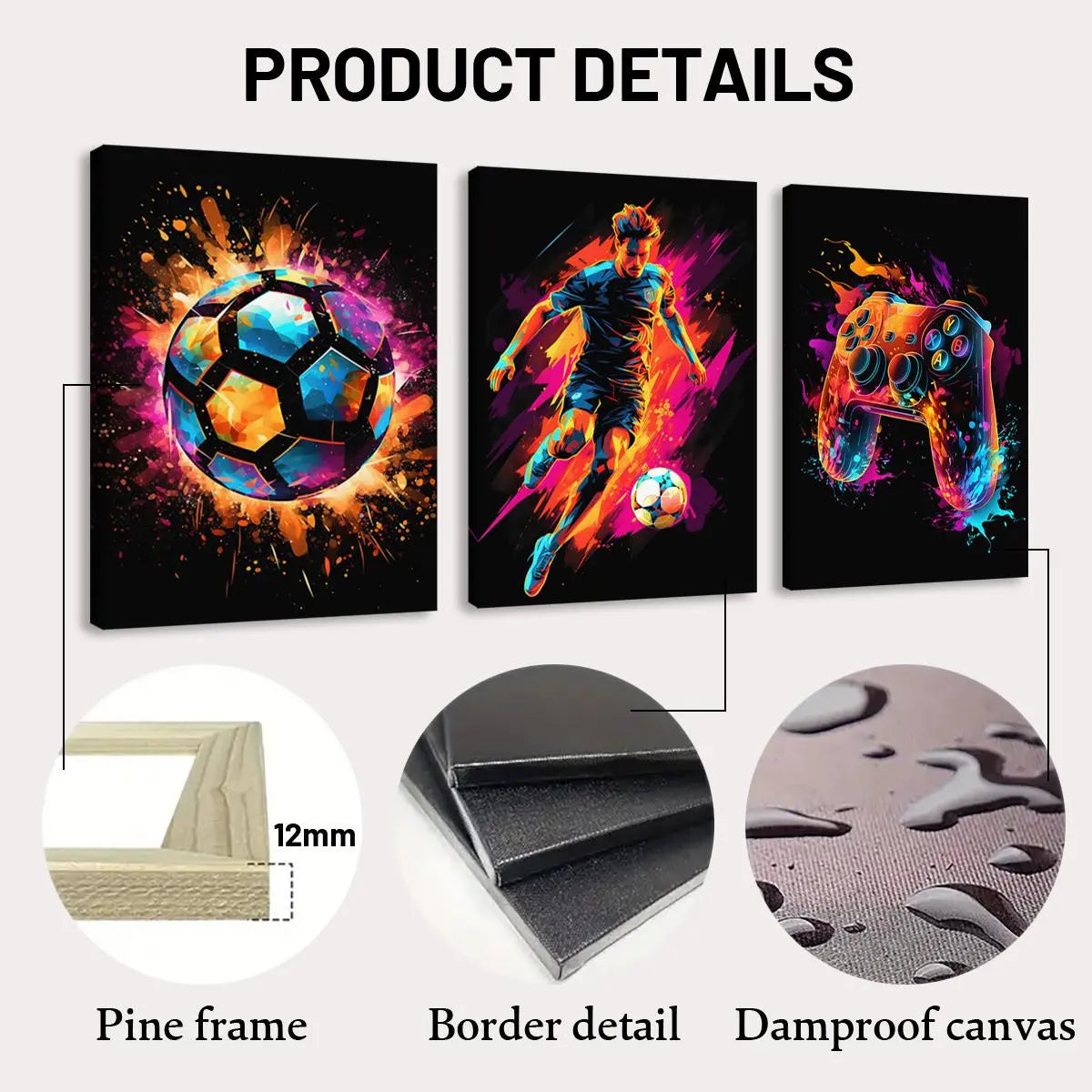 Neon Game & Football Themed Canvas Painting with Frame, Artistic 3 Counts/set Modern Cool Design Art Wall Decor, Wall Art Decor for Home Living Room Bedroom Office, Hanging Wall Art, Canvas Prints, Modern Home Decoration