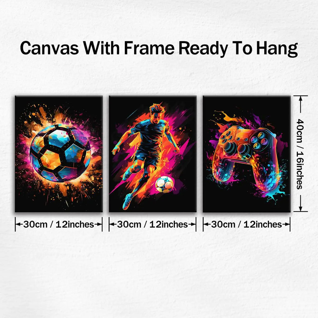 Neon Game & Football Themed Canvas Painting with Frame, Artistic 3 Counts/set Modern Cool Design Art Wall Decor, Wall Art Decor for Home Living Room Bedroom Office, Hanging Wall Art, Canvas Prints, Modern Home Decoration