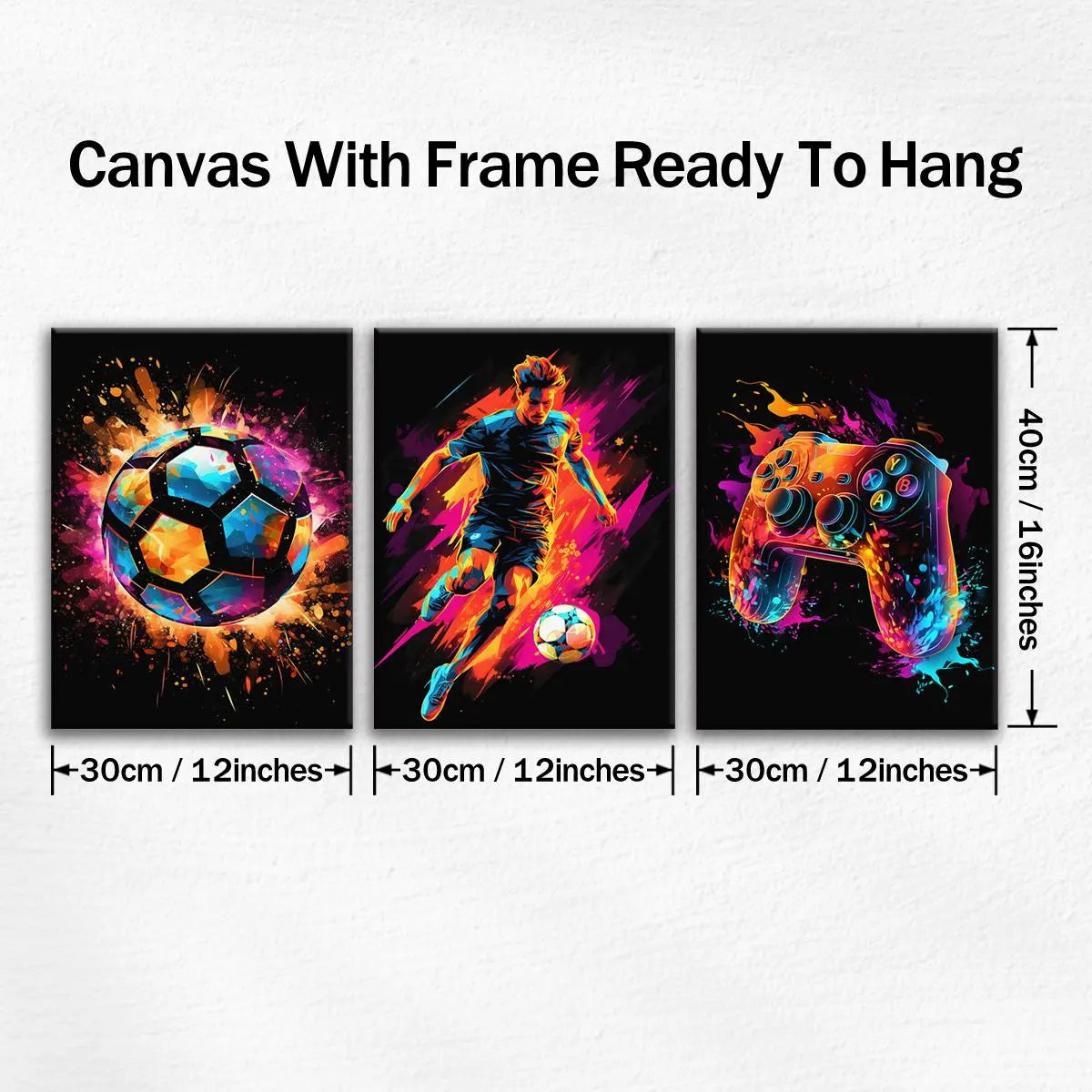 Neon Game & Football Themed Canvas Painting with Frame, Artistic 3 Counts/set Modern Cool Design Art Wall Decor, Wall Art Decor for Home Living Room Bedroom Office, Hanging Wall Art, Canvas Prints, Modern Home Decoration