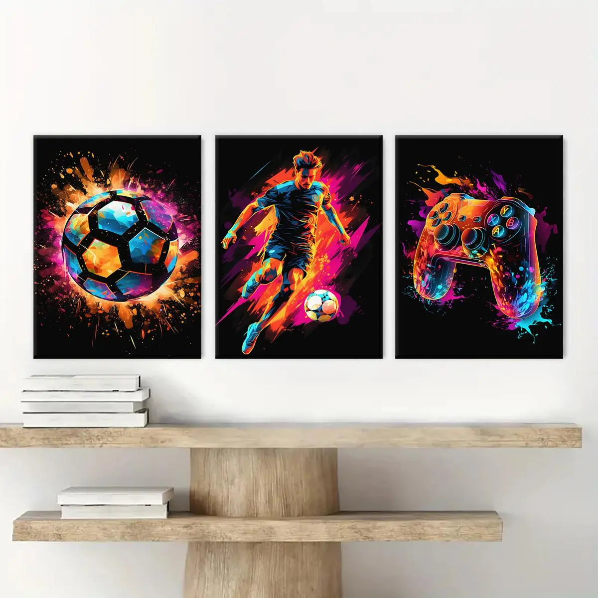 Neon Game & Football Themed Canvas Painting with Frame, Artistic 3 Counts/set Modern Cool Design Art Wall Decor, Wall Art Decor for Home Living Room Bedroom Office, Hanging Wall Art, Canvas Prints, Modern Home Decoration