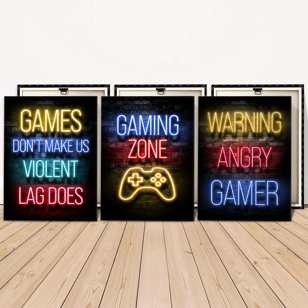 Game Neon Sign Gaming Canvas Painting with Frame, 3 Counts Modern Artwork Wall Decor, Modern Home Decoration, Wall Art for Home Living Room Bedroom Office