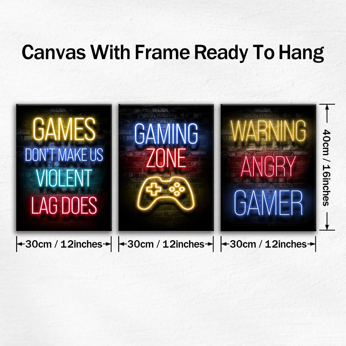 Game Neon Sign Gaming Canvas Painting with Frame, 3 Counts Modern Artwork Wall Decor, Modern Home Decoration, Wall Art for Home Living Room Bedroom Office