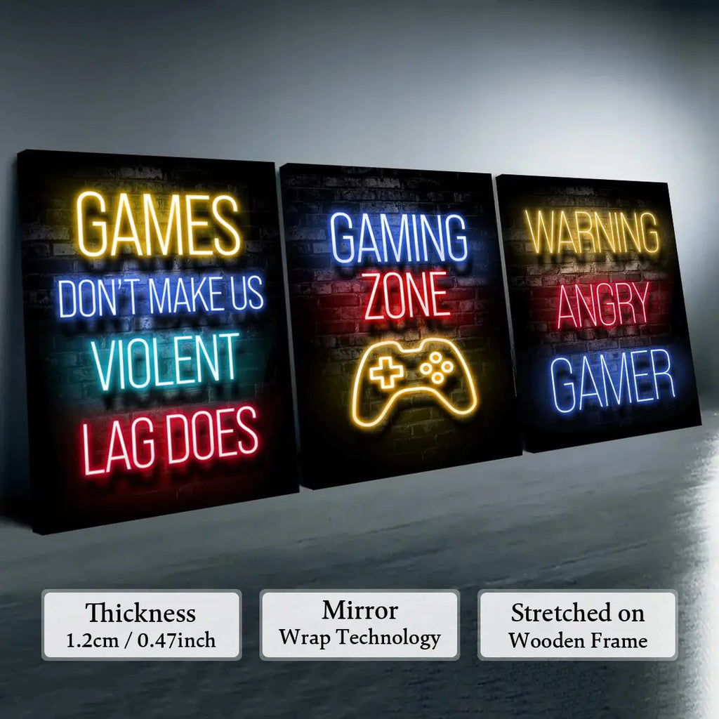 Game Neon Sign Gaming Canvas Painting with Frame, 3 Counts Modern Artwork Wall Decor, Modern Home Decoration, Wall Art for Home Living Room Bedroom Office