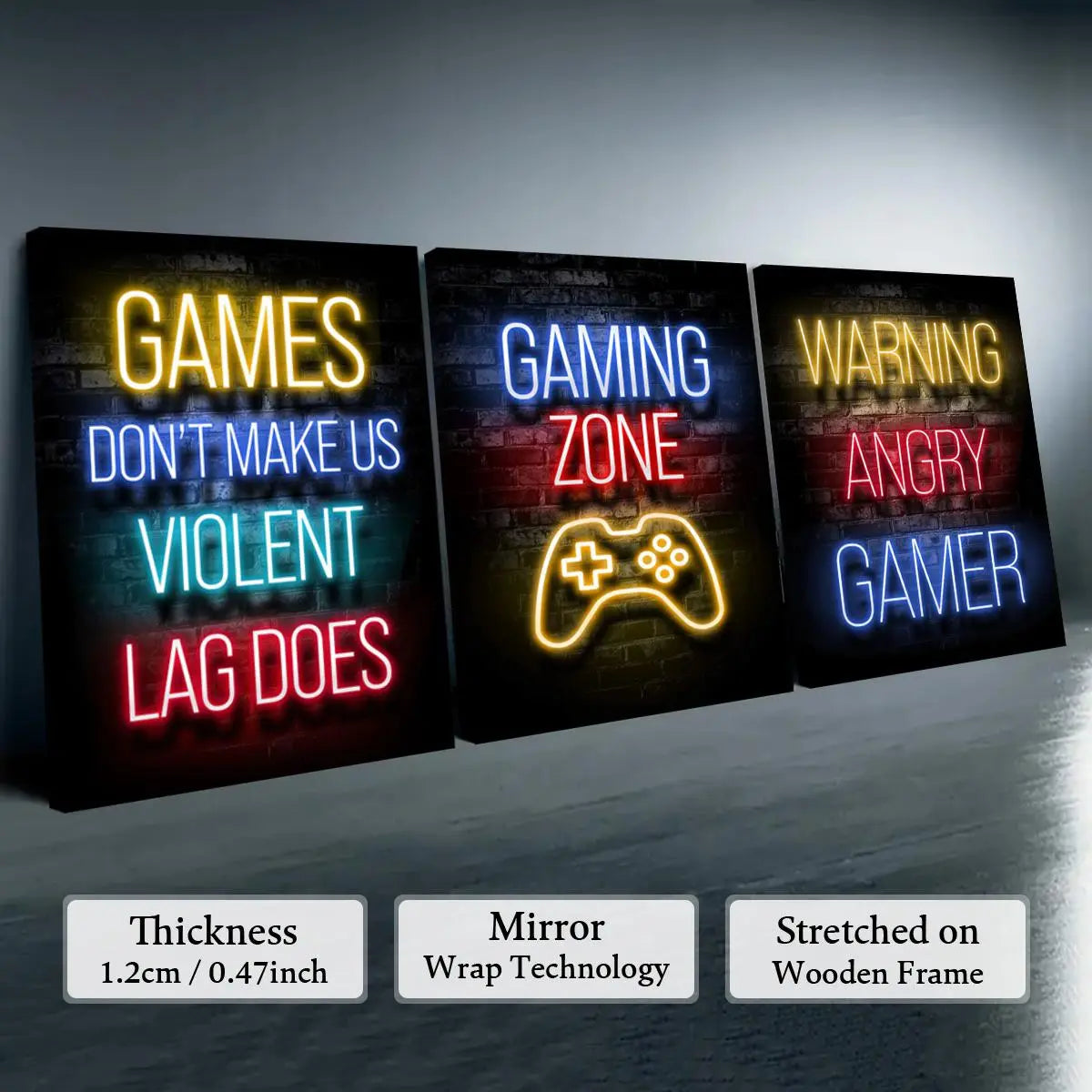 Game Neon Sign Gaming Canvas Painting with Frame, 3 Counts Modern Artwork Wall Decor, Modern Home Decoration, Wall Art for Home Living Room Bedroom Office