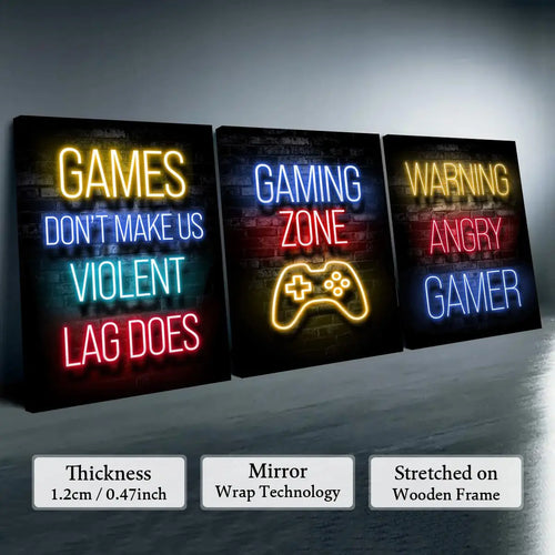 Game Neon Sign Gaming Canvas Painting with Frame, 3 Counts Modern Artwork Wall Decor, Modern Home Decoration, Wall Art for Home Living Room Bedroom Office