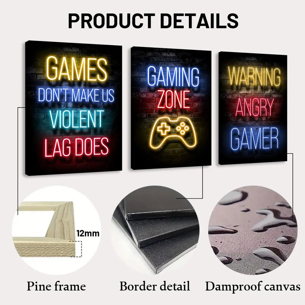 Game Neon Sign Gaming Canvas Painting with Frame, 3 Counts Modern Artwork Wall Decor, Modern Home Decoration, Wall Art for Home Living Room Bedroom Office