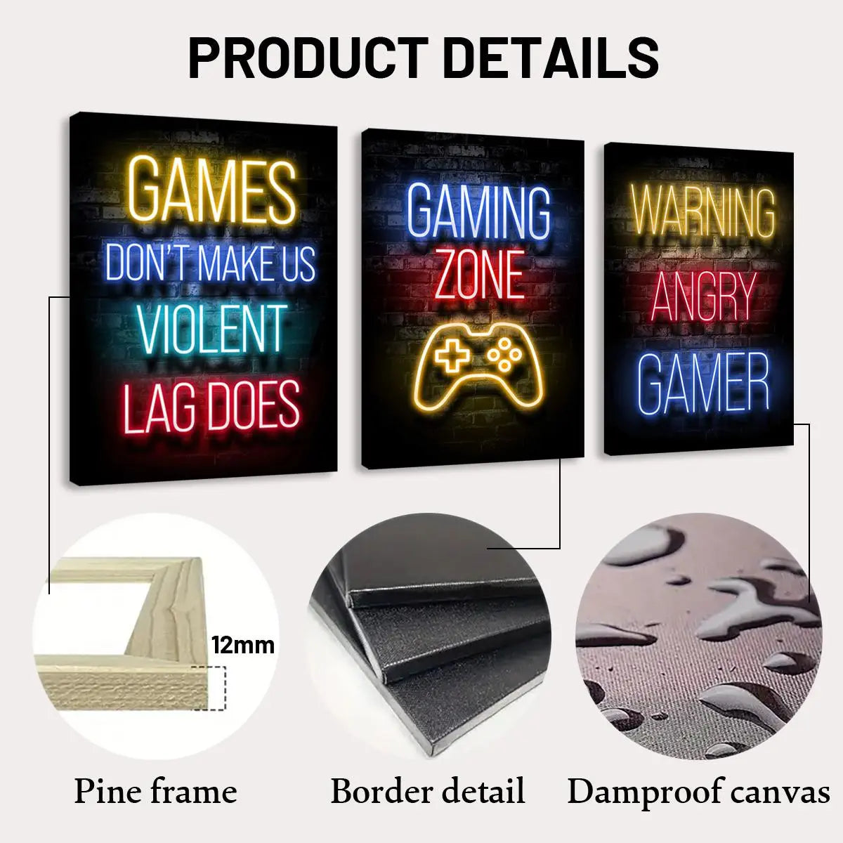 Game Neon Sign Gaming Canvas Painting with Frame, 3 Counts Modern Artwork Wall Decor, Modern Home Decoration, Wall Art for Home Living Room Bedroom Office
